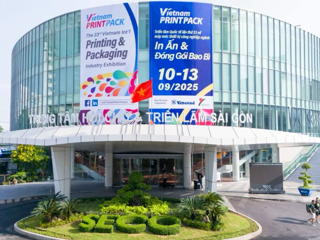 Exterior of Vietnam Print Pack 2025 exhibition hall with event-themed logos on the building