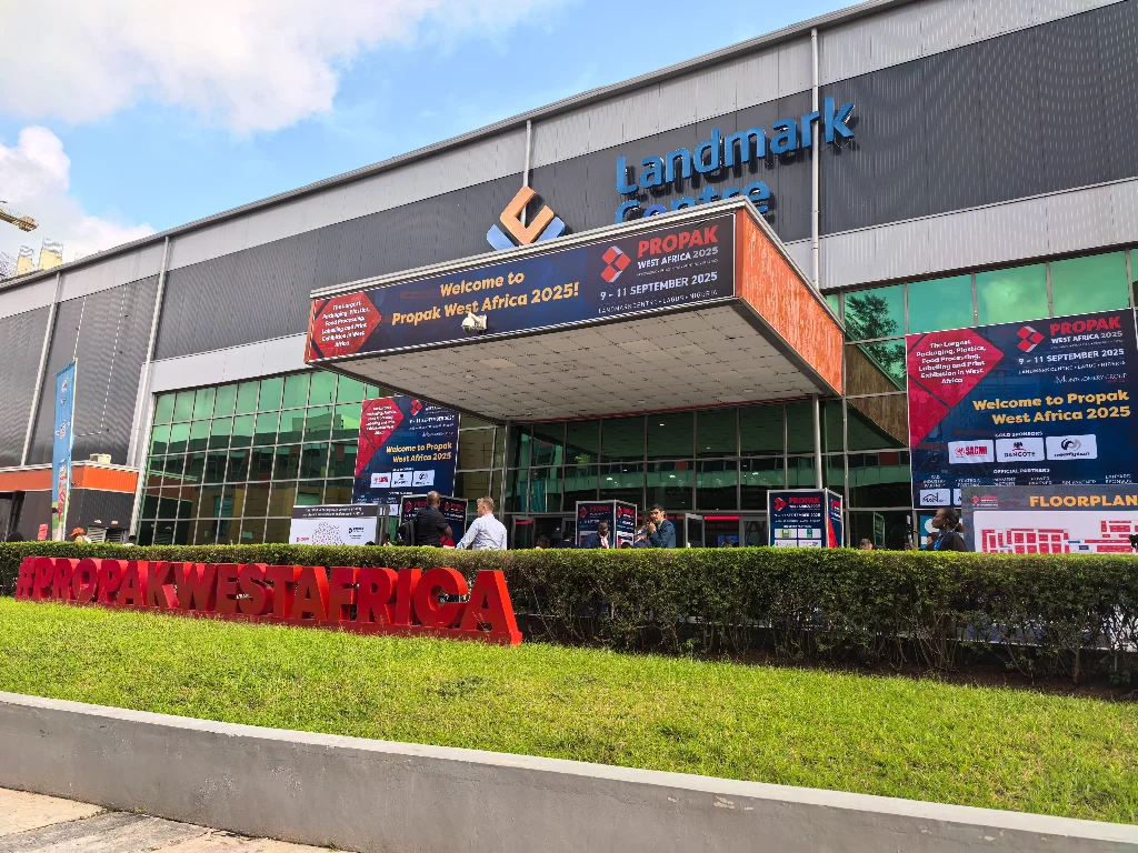Entrance of Nigeria ProPak West Africa 2025 exhibition hall with event-themed logos on the building