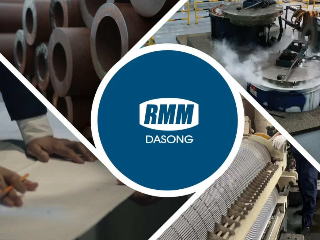 Industrial collage showing corrugated roller and factors like material, operation, design behind its deformation.