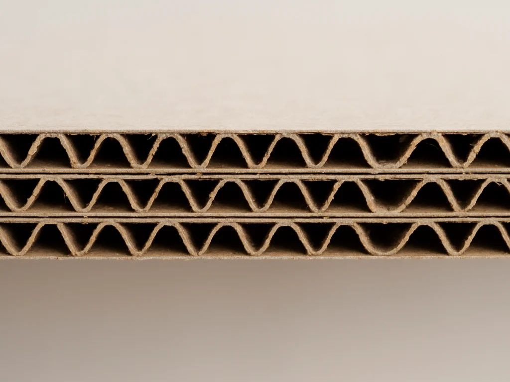 Edge view of corrugated board showing multiple layers of flutes and liners in detail.