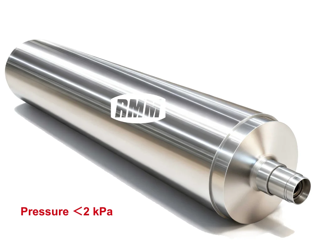 Stainless steel pressure roll (marked with RMM logo) for corrugated board manufacturing, with "Pressure < 2 kPa" label.