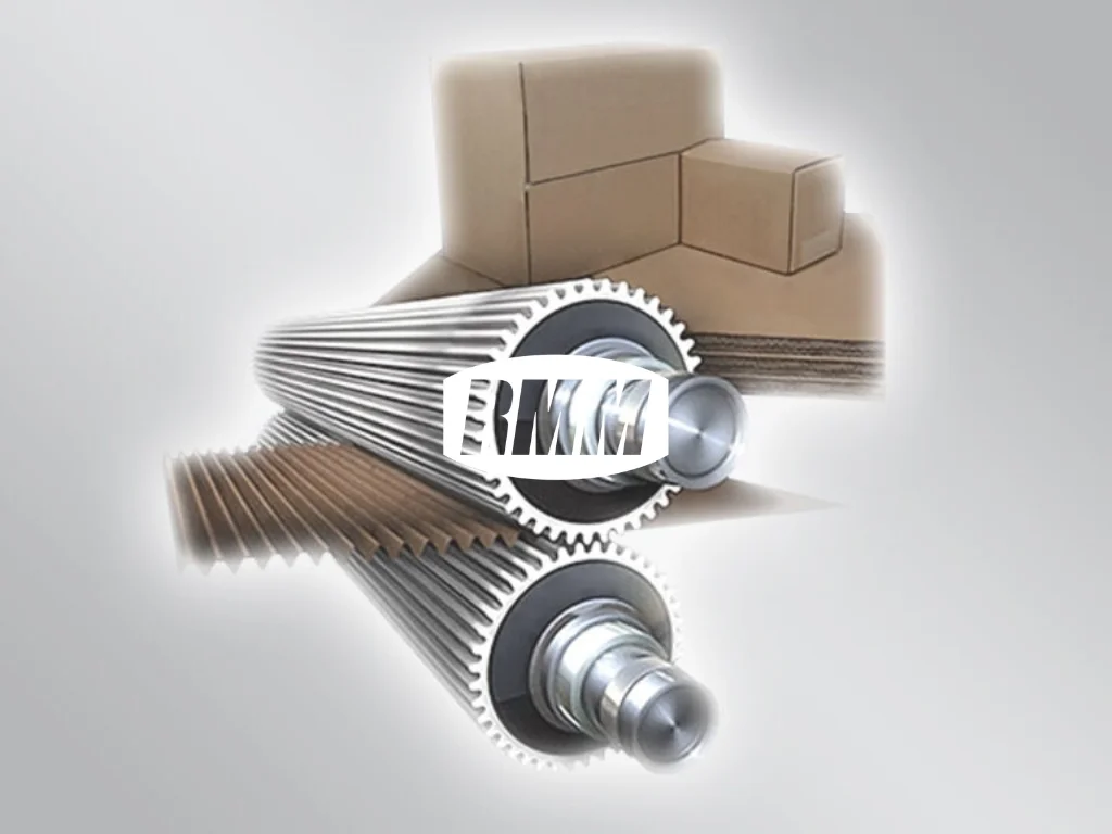 RMM corrugating rolls (industrial machinery components) paired with corrugated cardboard and box products.