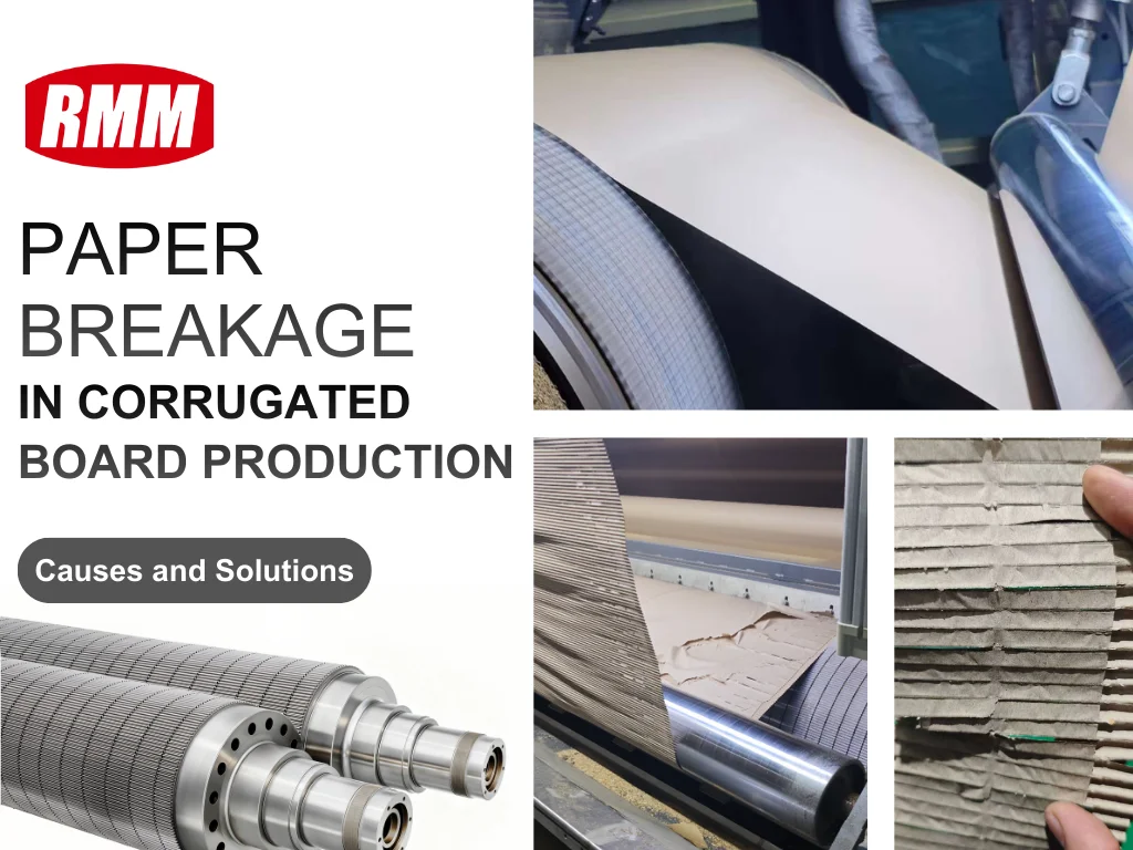 Collage of corrugated board production elements: RMM logo, paper roll machinery, broken paper on equipment, corrugated sheet, and industrial rollers, focused on paper breakage issues.