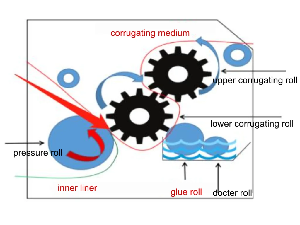 Diagram showing the structure of a single facer machine, including upper and lower corrugating rolls, pressure roll, glue roll, and doctor roll.