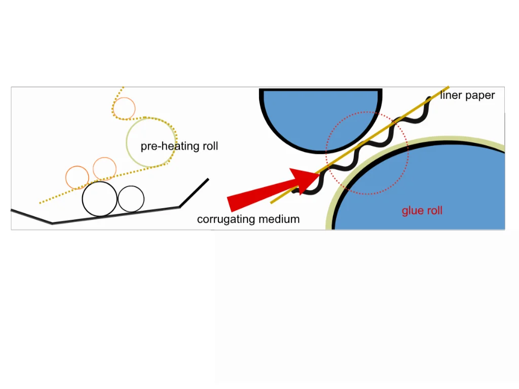 Diagram showing the structure of a single facer machine, including upper and lower corrugating rolls, pressure roll, glue roll, and doctor roll.