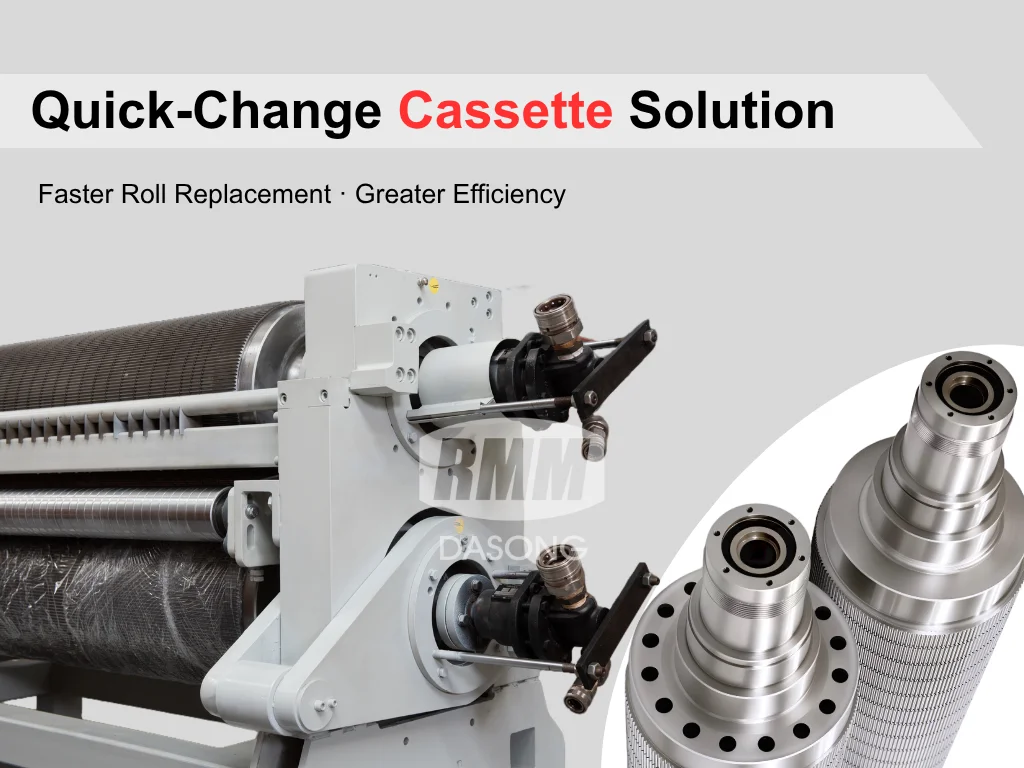 Cassette service for single facer corrugation machine by RMM, showing easy and quick roll replacement.
