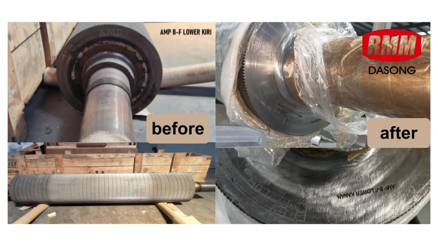 Before and after comparison of a repaired corrugating roll, showing worn roll surface before repair and restored precision after grinding and recoating