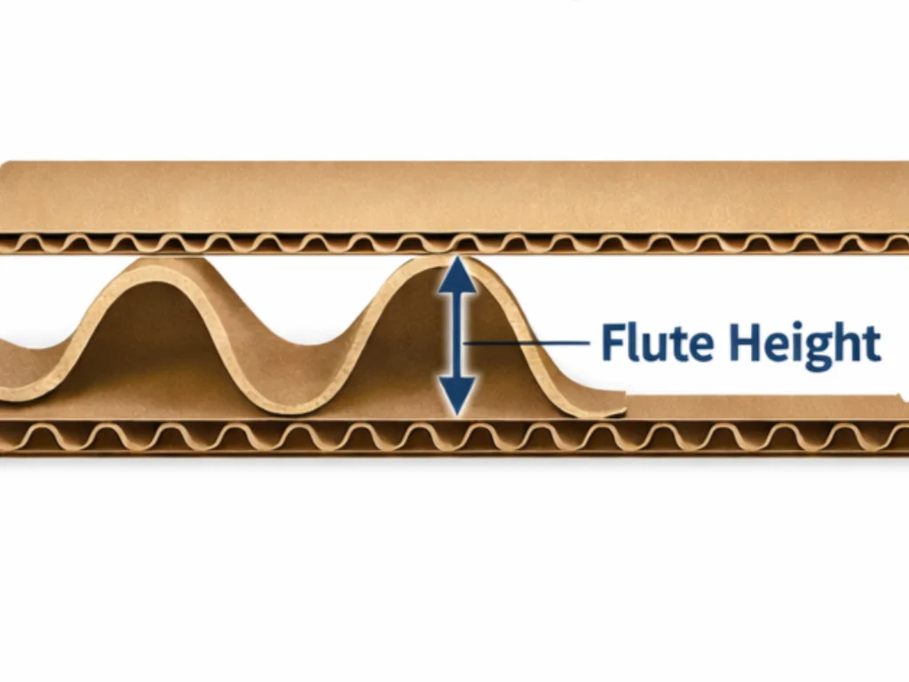 Line diagram illustrating flute height in corrugated board, measuring the vertical distance from flute crest to flute valley.