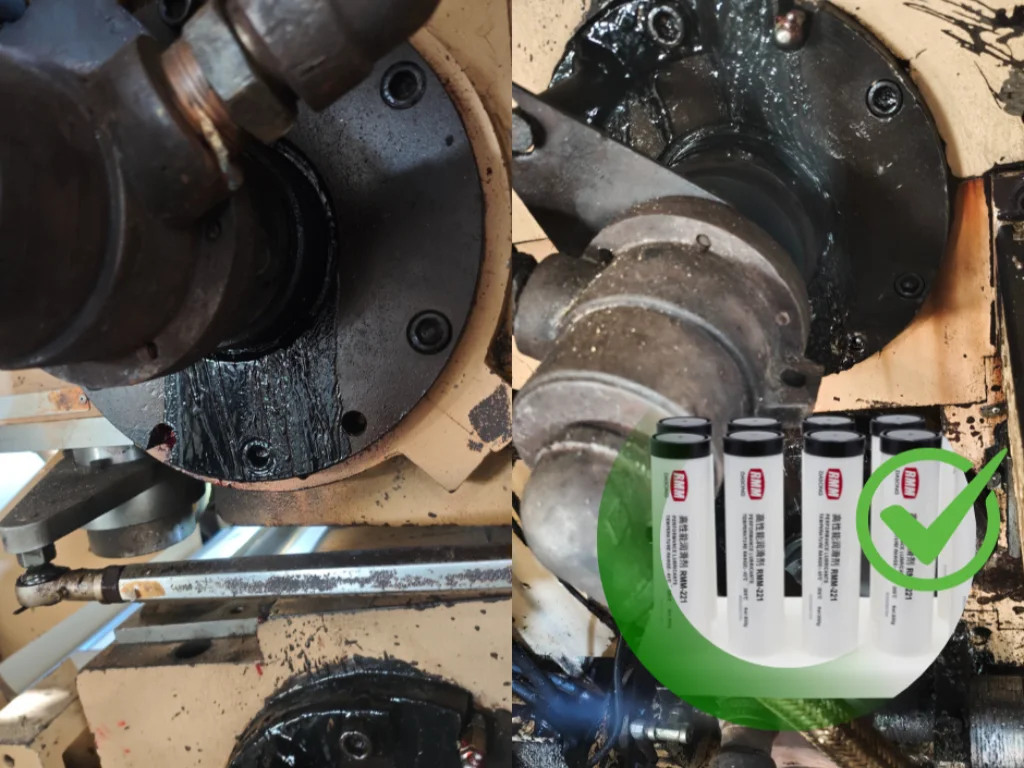 Black grease flowing from corrugating roll bearing due to high temperature and oxidation