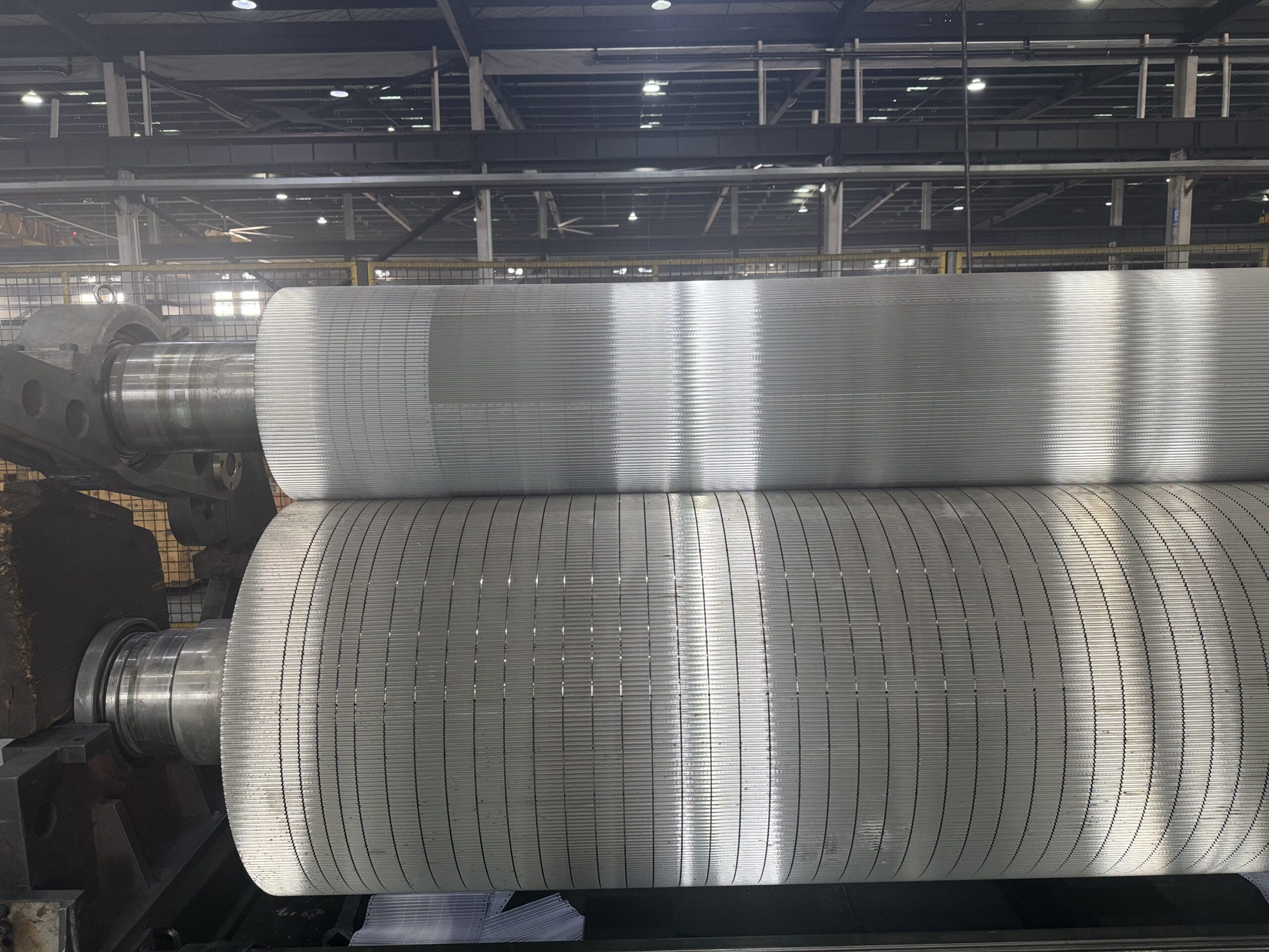 A close-up of a tungsten carbide coating on a corrugating roll