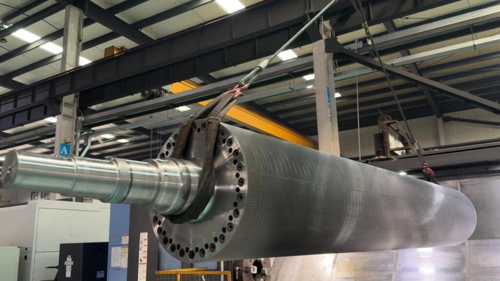 An RMM 3800mm ultra-wide corrugating roll being manufactured