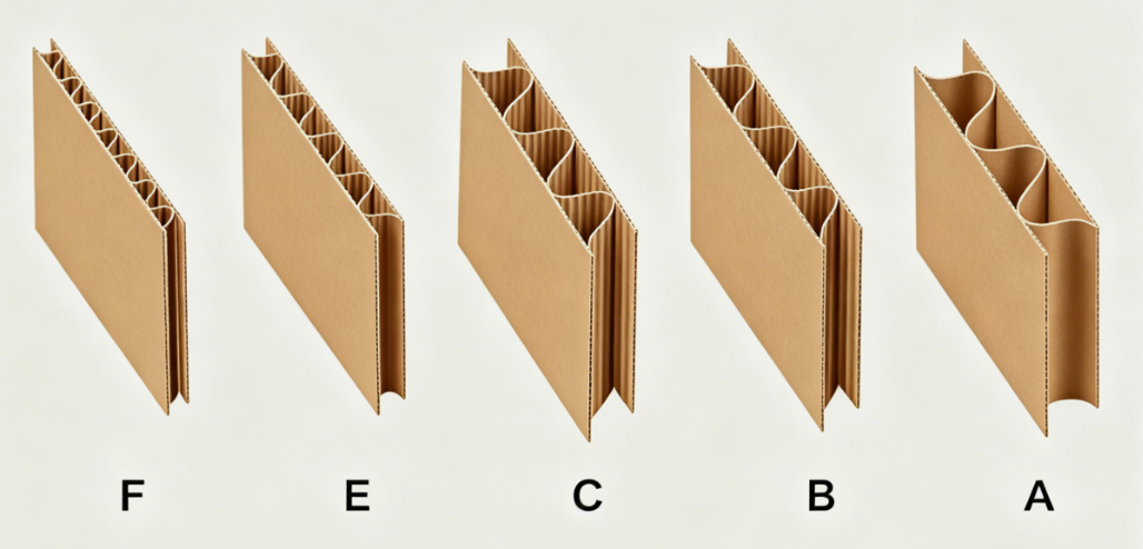 images/flute-profile-comparison.jpg Side-by-side cross-section comparing the five common flute profiles — A, B, C, E, F